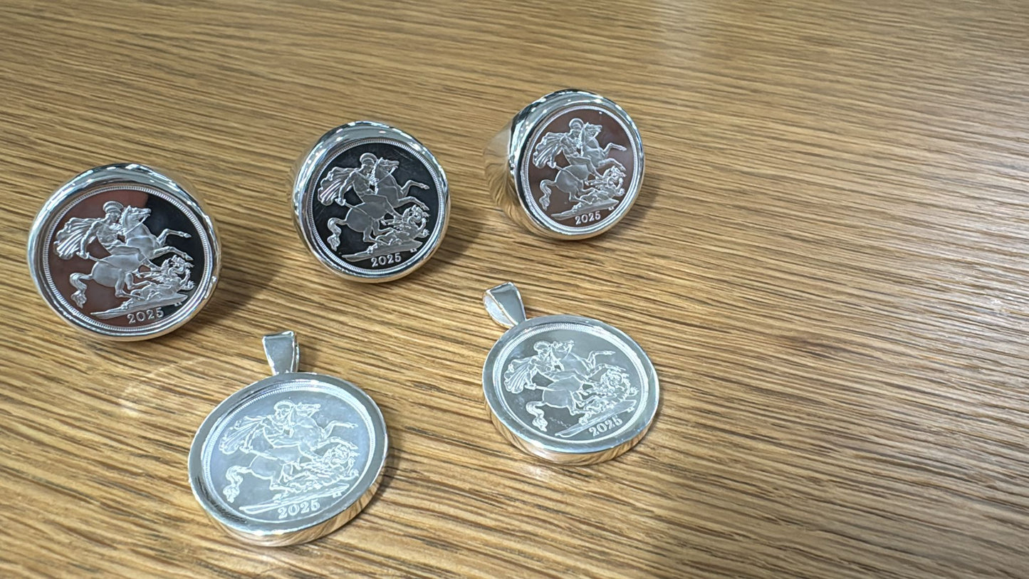 Full Sovereign Set Silver Ring and Pendant