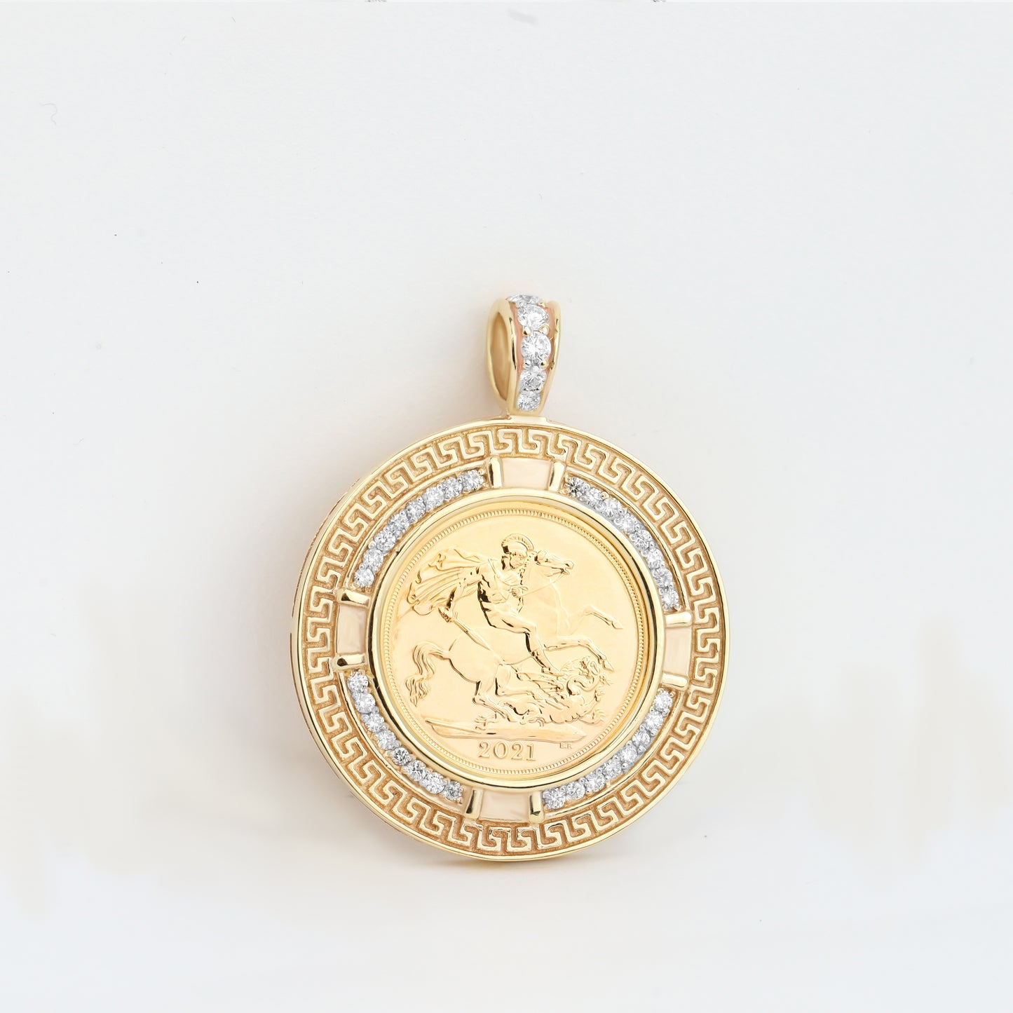 9ct Gold Full Sovereign Diamond Greek Key Frame Pendant