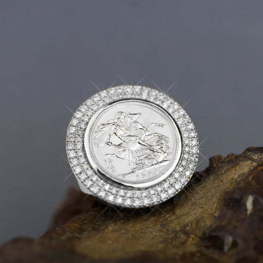 Double Row of Diamonds Full Sovereign Silver Ring
