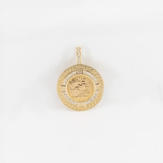 Half Sovereign Greek Key Pendant With Diamonds